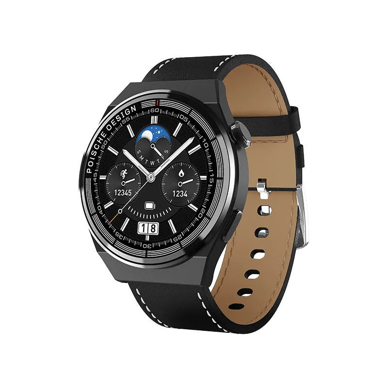 Circular smartwatch with tempered glass screen and silicone strap for Bluetooth calls and NFC payments