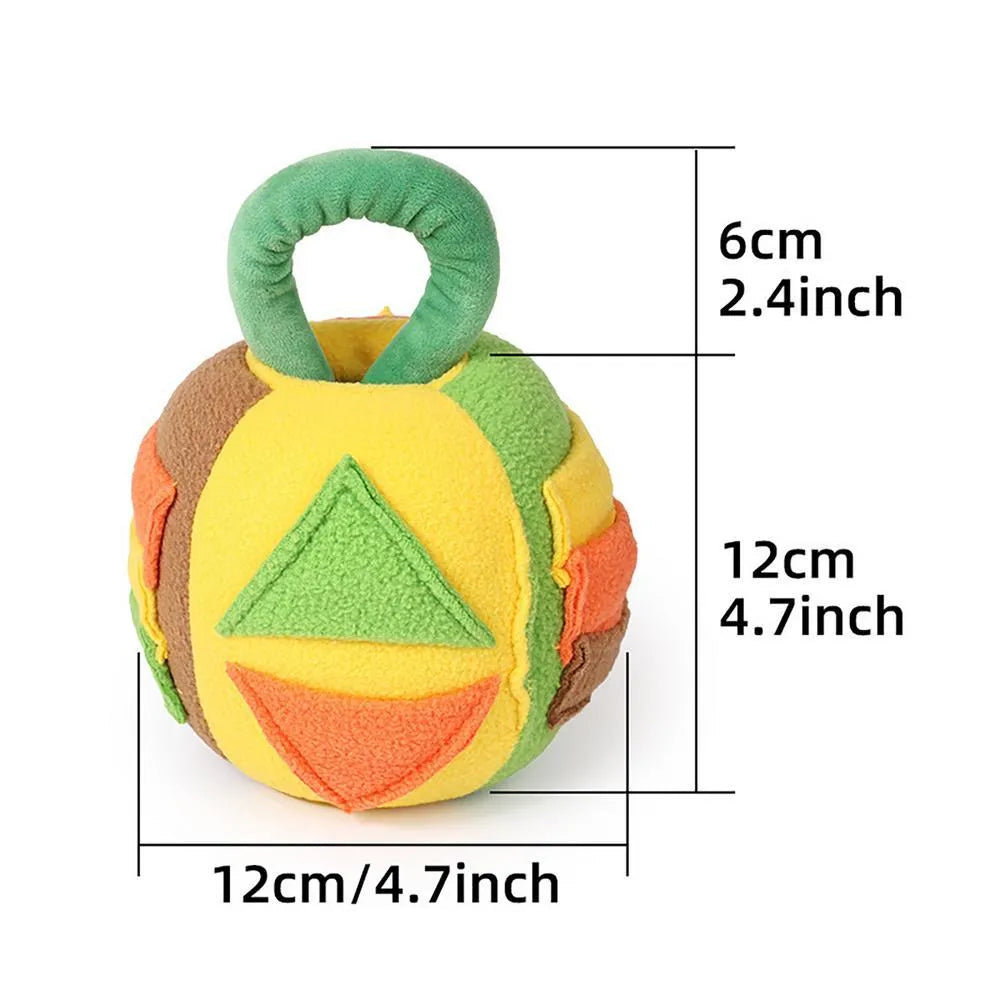 Polyester plush squeaky dog ball toy with treat pockets in pink or green colour for small medium dogs
