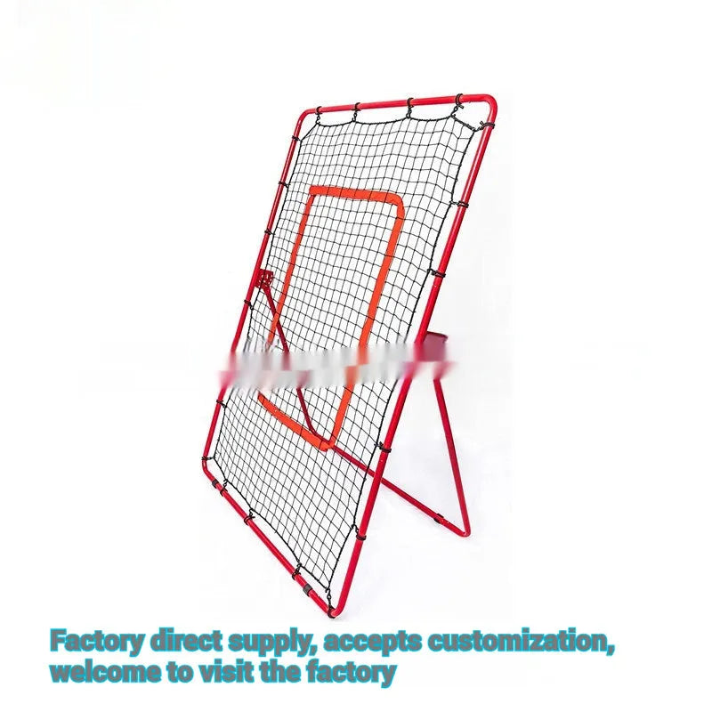 Red portable baseball training net with adjustable height metal frame