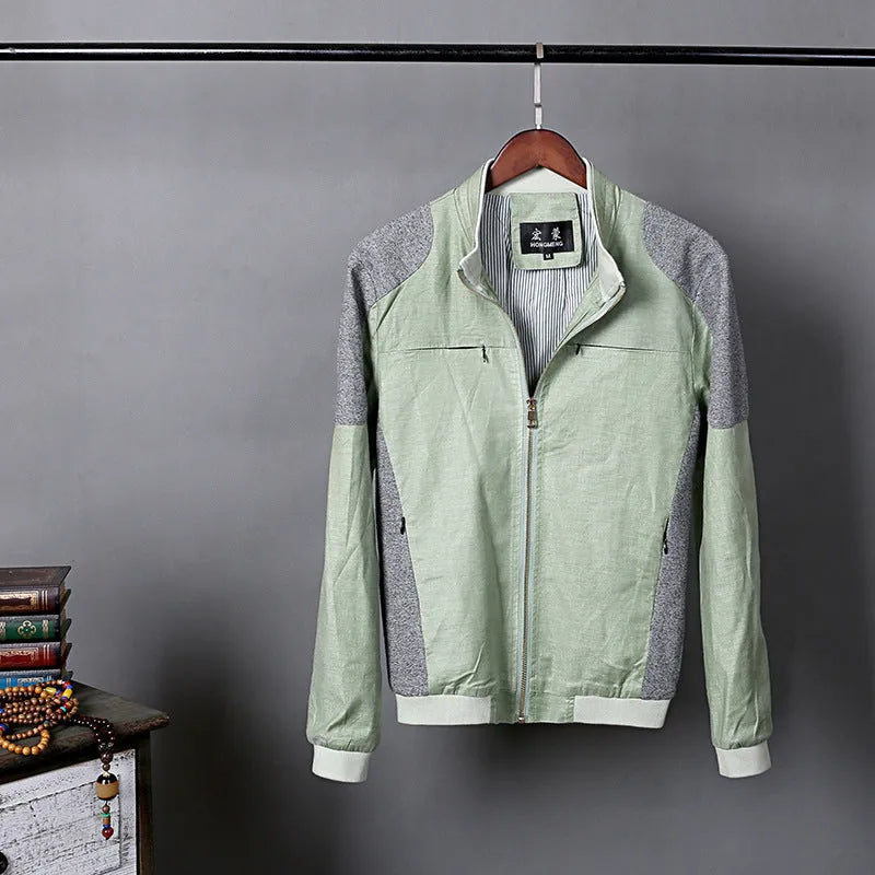 Men's thin heather grey cotton linen jacket shown on a model, regular fit for casual leisure wear.