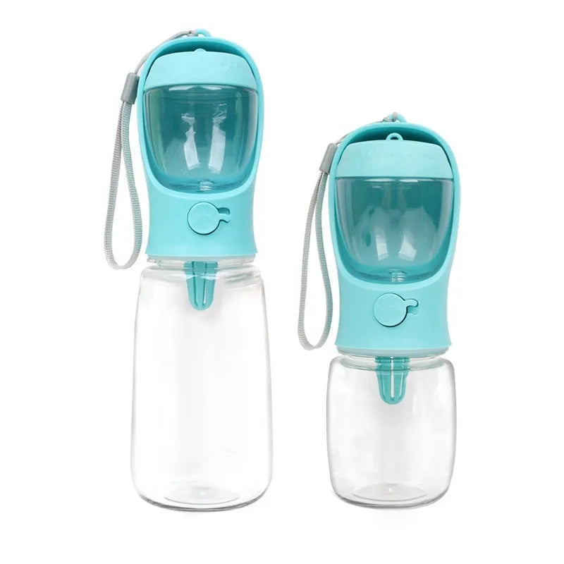 Portable blue dog water bottle with integrated drinking bowl showing split water grain design
