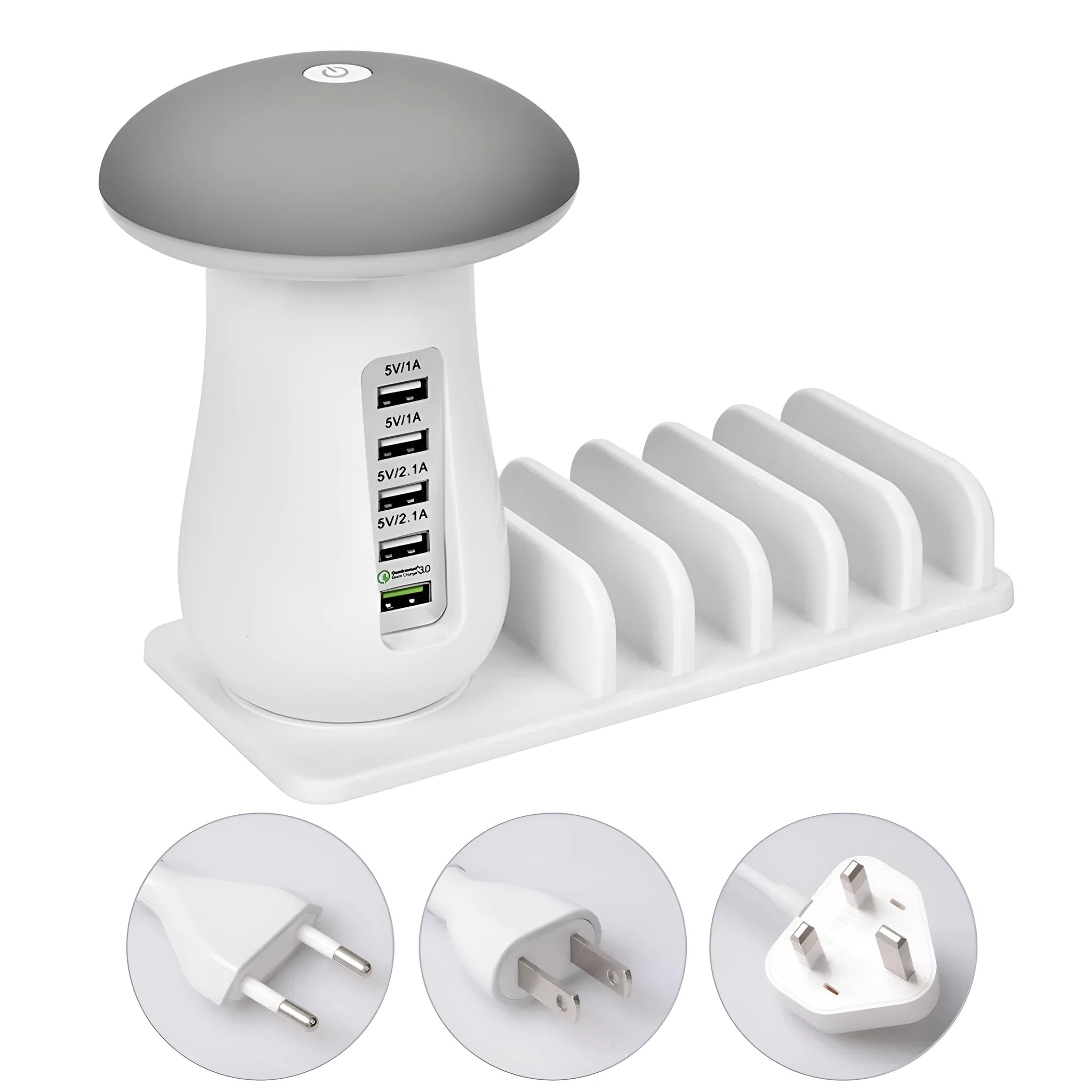 Mushroom-shaped white USB charging dock with 5 ports and integrated LED night lamp on desk