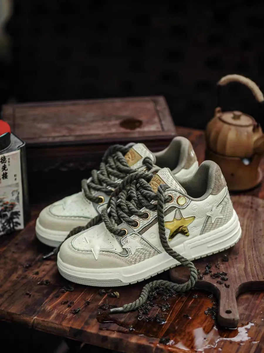 Cowhide leather low-top platform running shoes with round toe and front lace-up, shown in West Lake dragon well tea colour.
