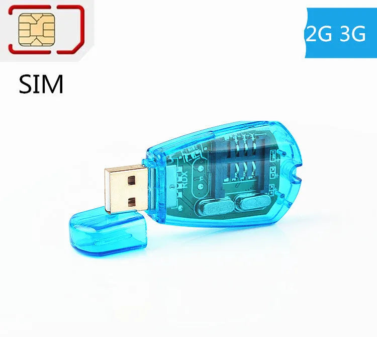 Blue external USB 2.0 SIM card reader for mobile phone data backup and transfer on a desk