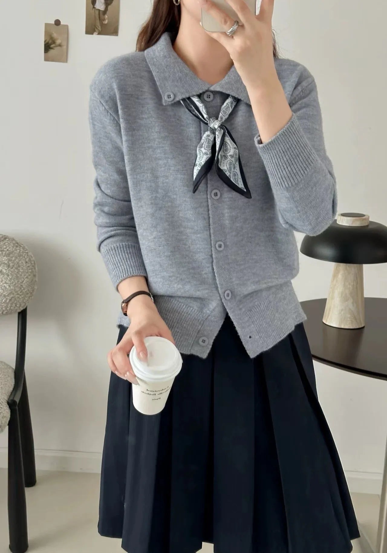 Women's milky white acrylic cardigan with attached lapel scarf and long sleeves