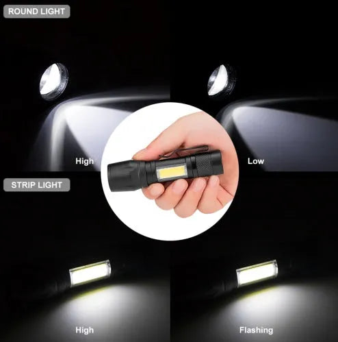 Black aluminium alloy telescopic LED flashlight with pocket clip, shown zoomed in and out.