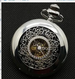 Retro floral print automatic mechanical pocket watch with transparent case back on alloy strap.