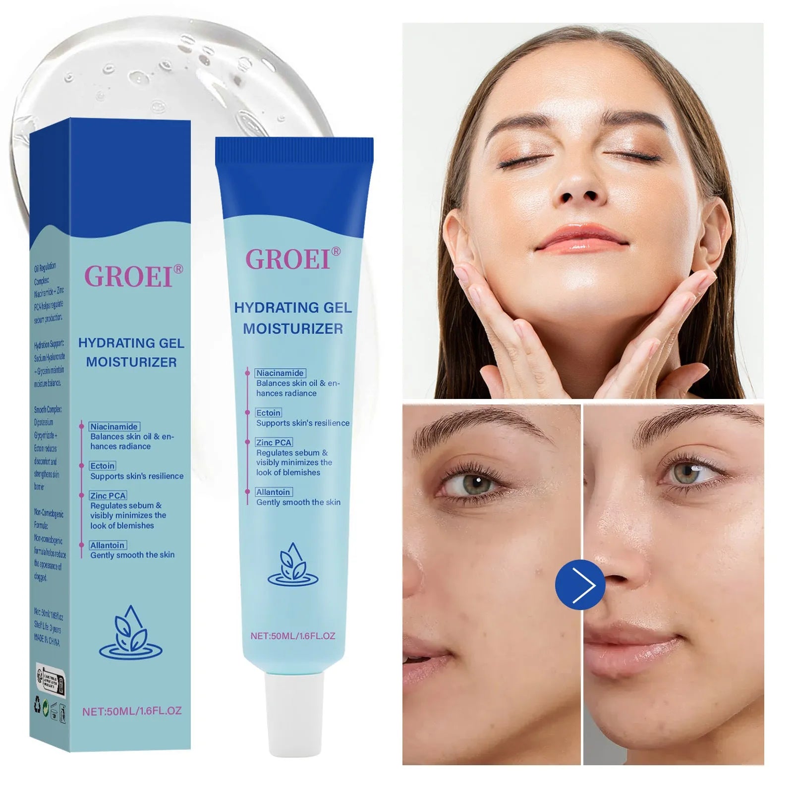 50ml bottle of hyaluronic acid moisturising facial gel for dry skin
