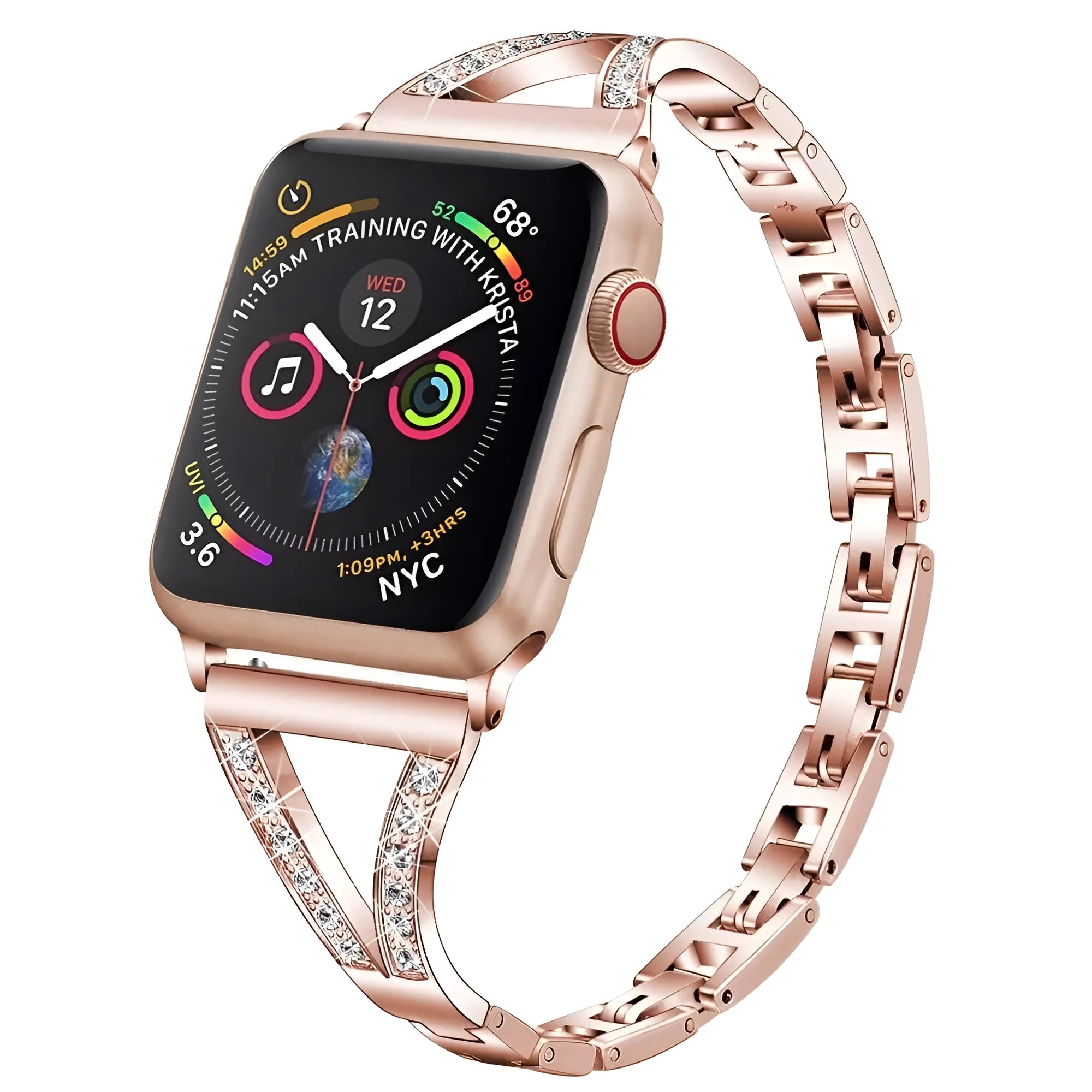 Stainless steel watch band with diamond accents in gold, showing the metal clasp and stud detail.