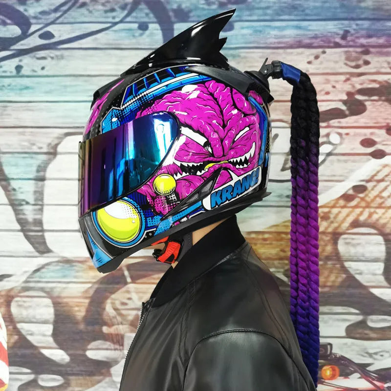 Dirty Braids graphic design full face motorcycle helmet on a white background.