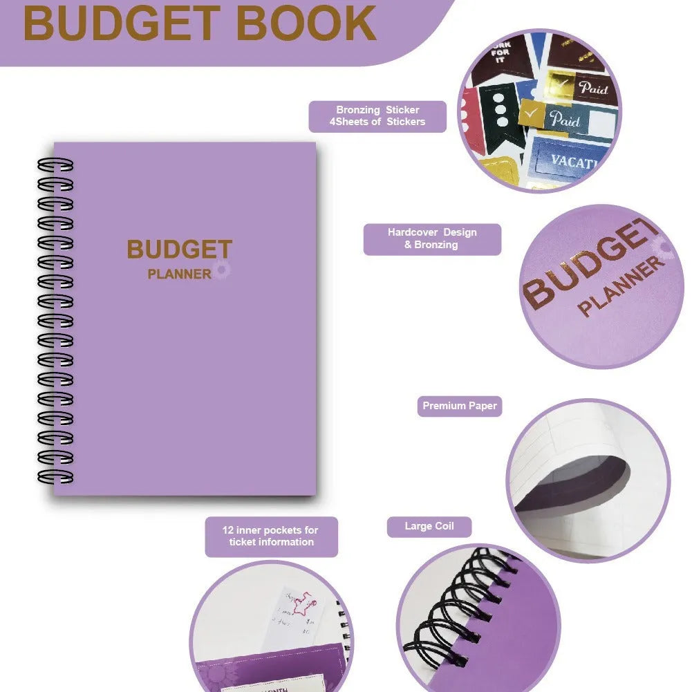 J12 purple coil-bound financial planning notebook with budget stickers and paper clips