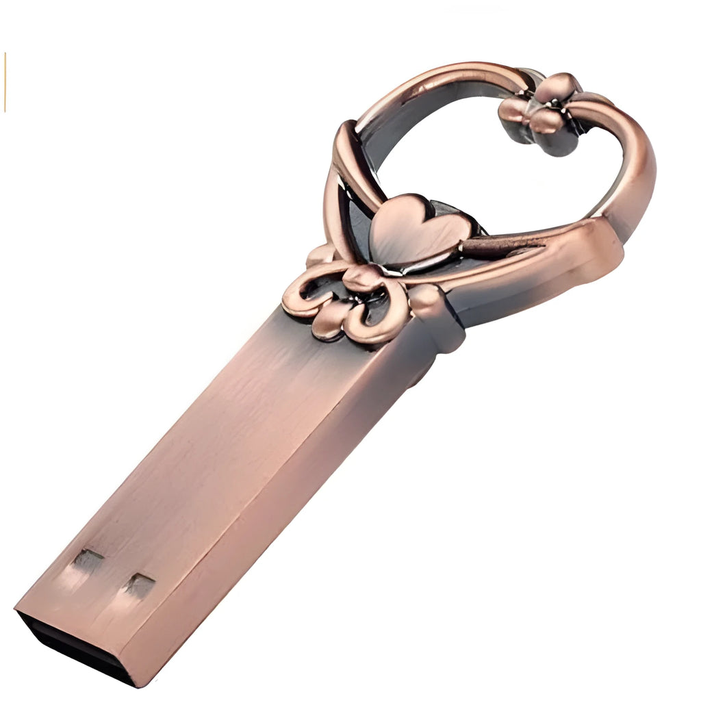 Heart shaped bronze metal USB flash drive pendant with write protection switch on keychain