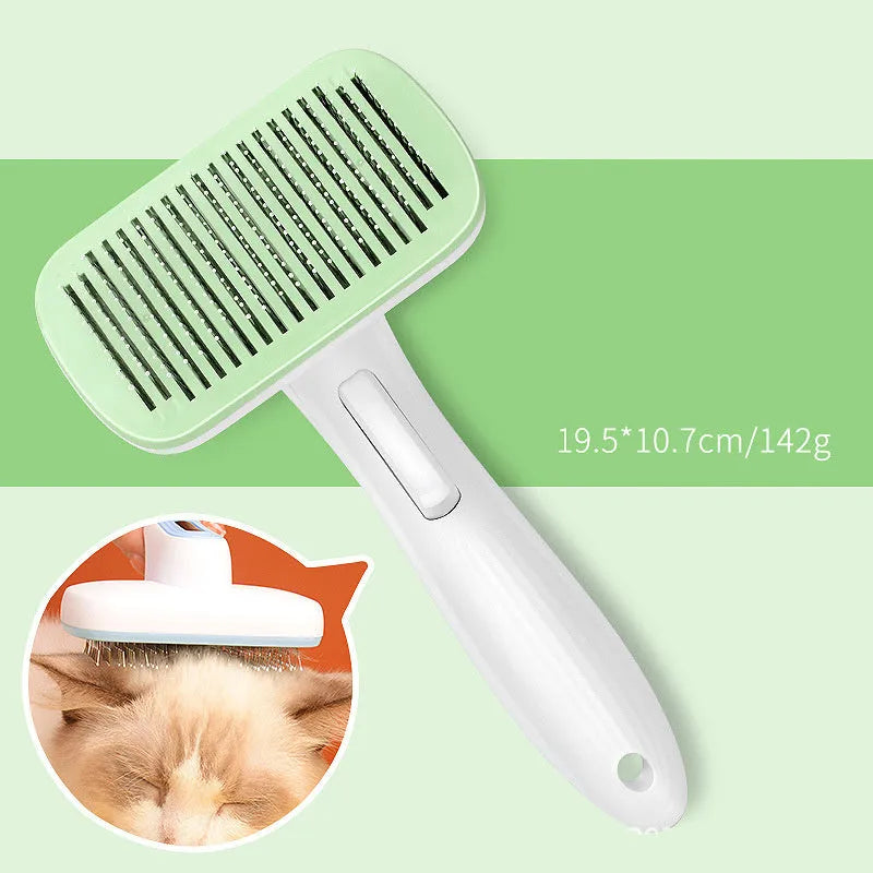 Blue automatic pet hair removal comb for dogs and cats on a table.
