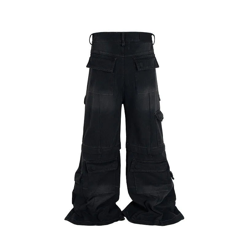 Washed-out cotton micro-pull overalls with detachable multi-pockets in black and blue colour options