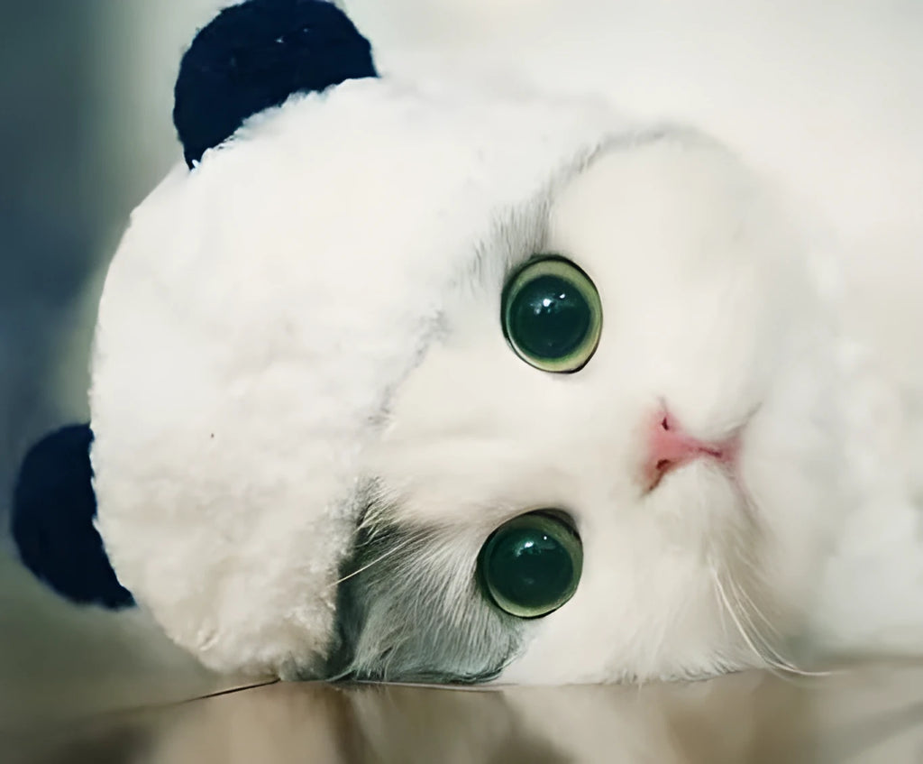 White wool panda costume pet hat for cats and small dogs, size S and M options