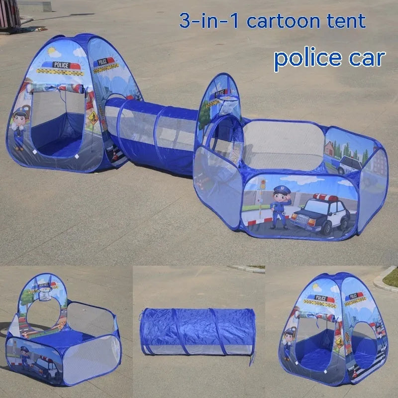 Cartoon marine themed three-in-one children's fabric play tent with ball pool tunnel