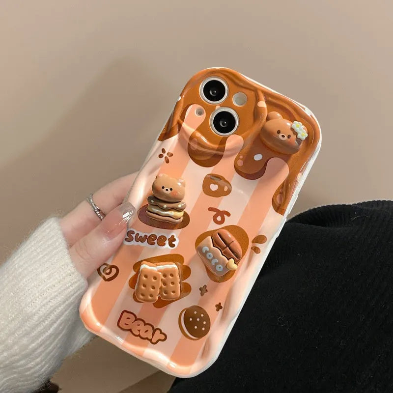 White silicone phone case with chocolate bear doll lanyard for iPhone, cream pattern, anti-fall protection