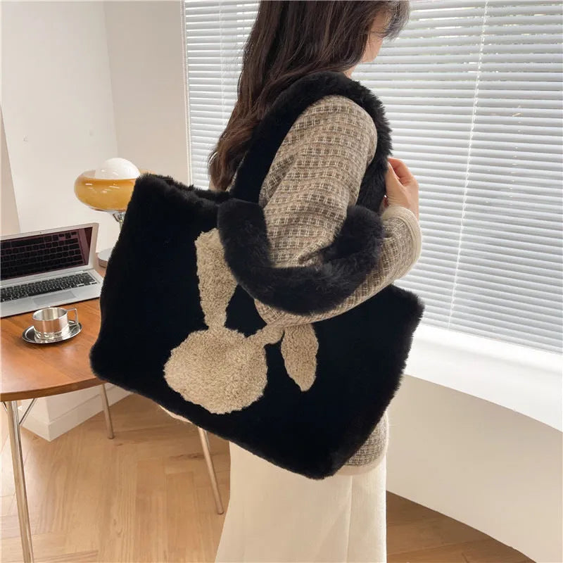 Cartoon rabbit ears plush shoulder bag in large tote style