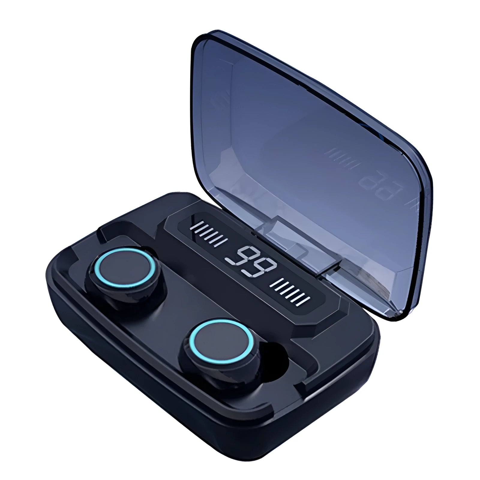 Black M11 style Bluetooth wireless headset with digital power display next to its charging case.