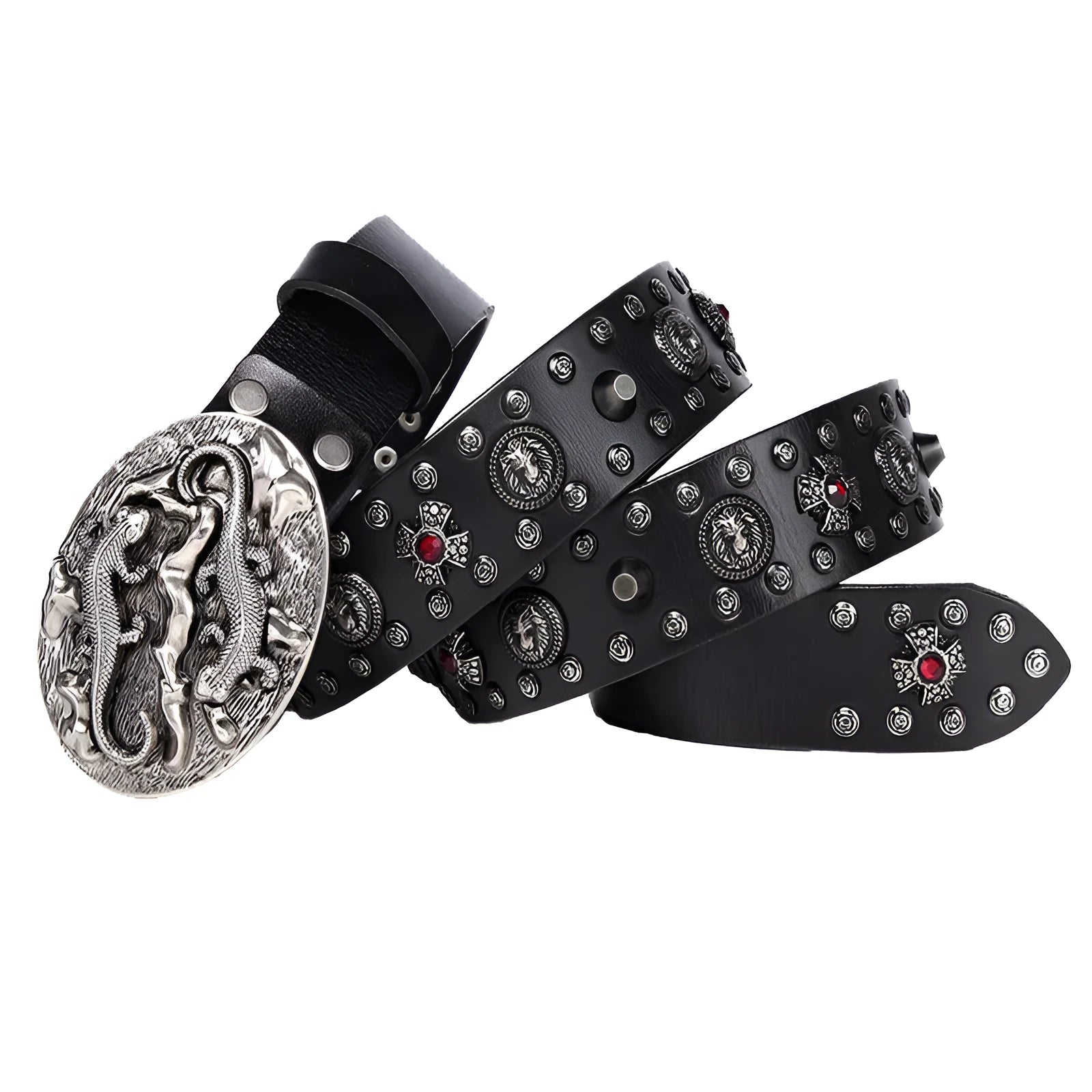 Men's genuine leather punk rivet belt with alloy buckle in retro colours on a table.