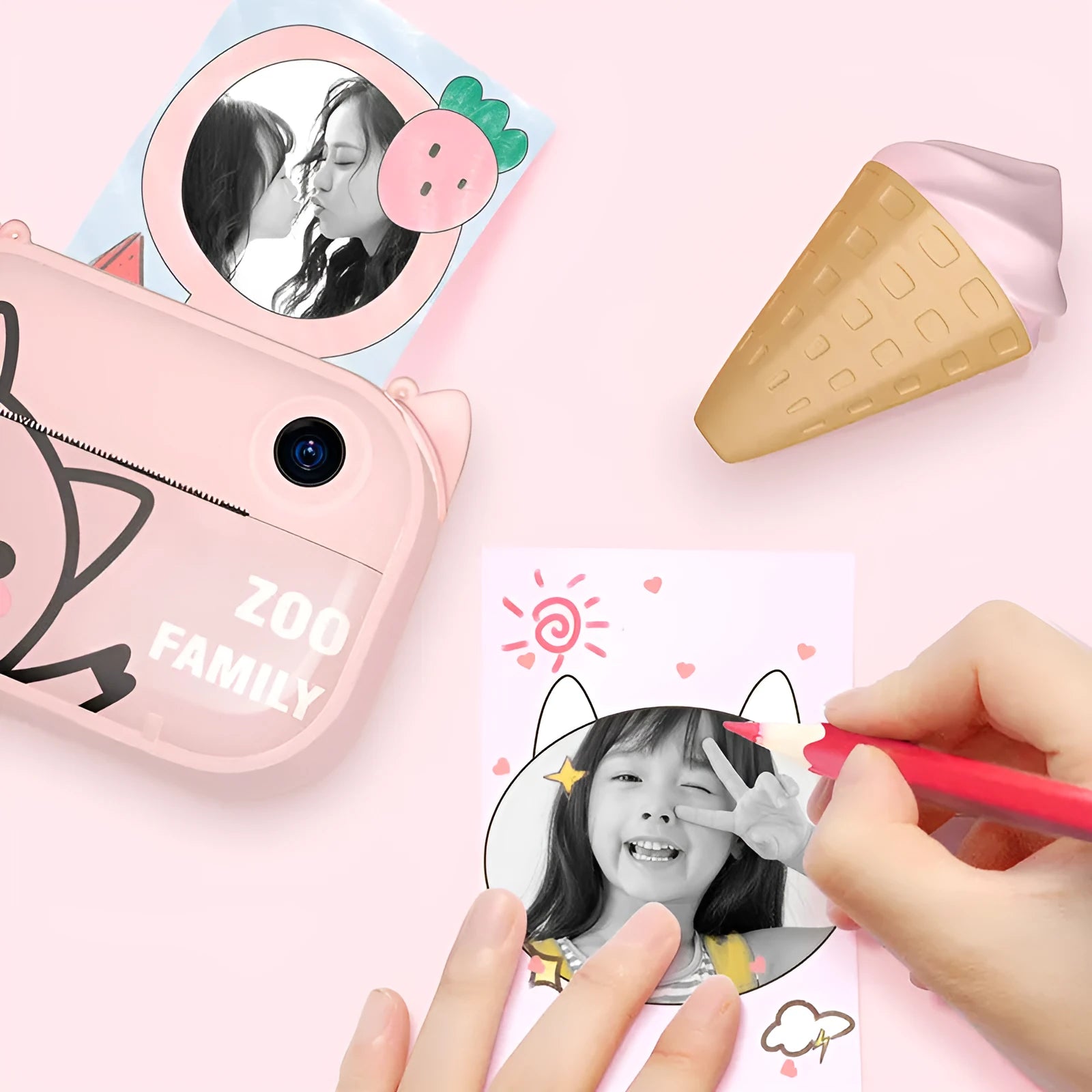 Pink HD digital camera with printing function, 2.4-inch screen, and creative accessories including sticker book