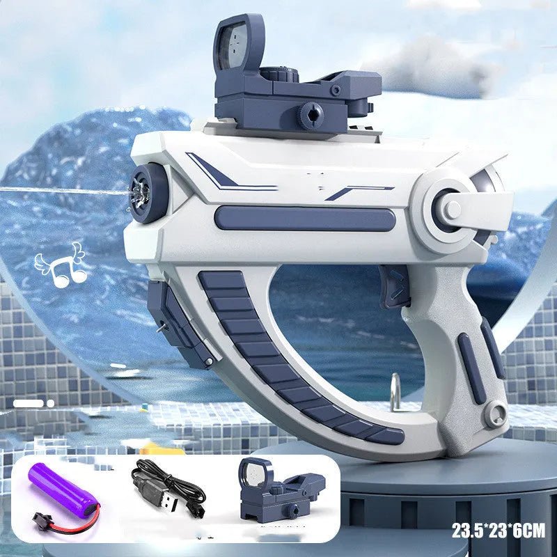 Blue plastic electric space water gun with automatic water absorption for pool and beach play.