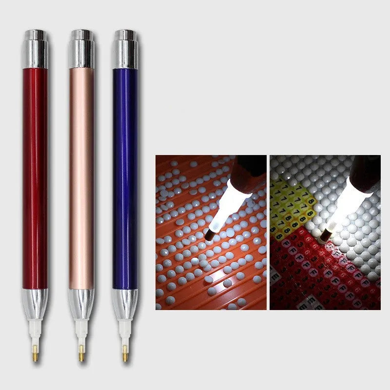 Luminous aluminium alloy drill pen for diamond painting in blue, gold, or red colours