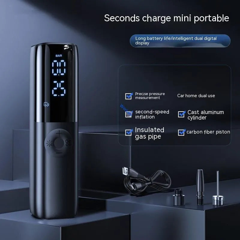Black portable electric car air pump with tyre pressure gauge and power plug
