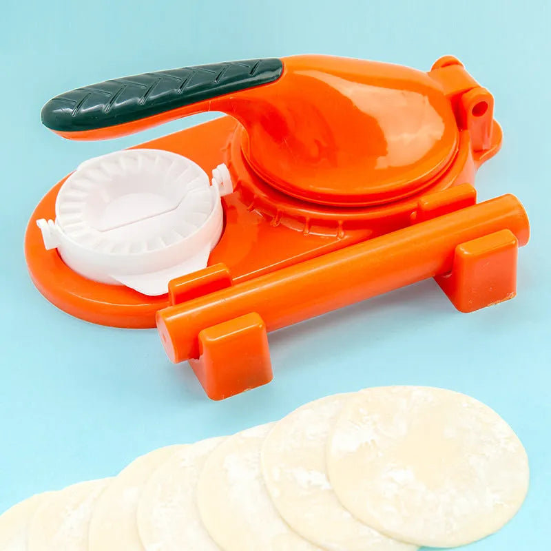 3 in 1 plastic dumpling maker with ergonomic handle and rolling pin in white on a table