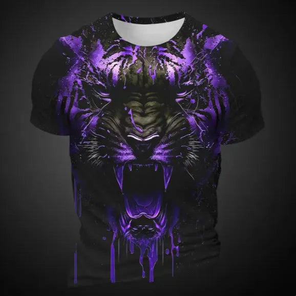 Men's 3D tiger pattern printed T-shirt in polyester bird eye cloth fabric with short sleeves