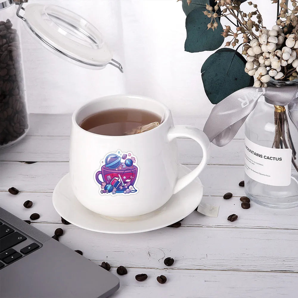 Waterproof colourful tea cup graffiti stickers set of 50 pieces for luggage and sports gear customisation
