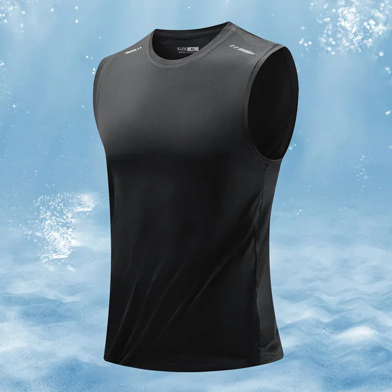 A man's loose-fit sleeveless vest in a solid colour, showing the straight hem and casual style.