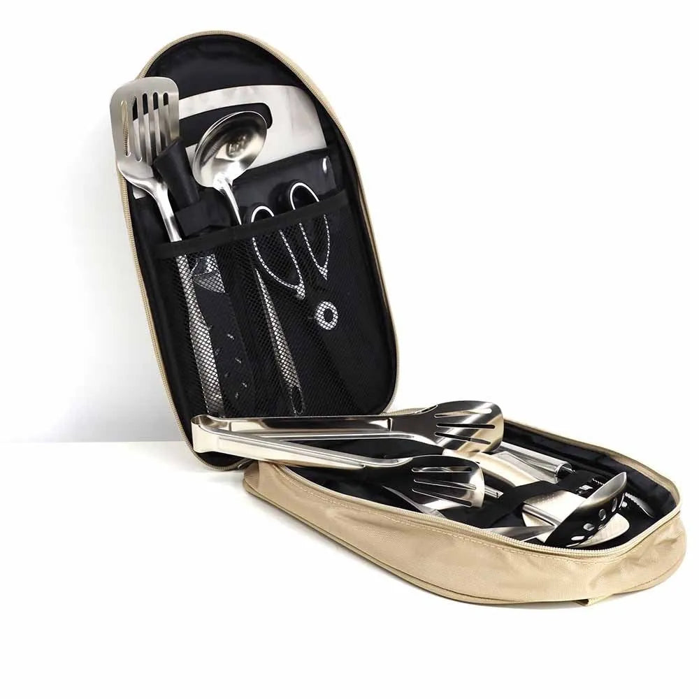 Khaki portable storage bag containing a 12-piece stainless steel picnic cutlery set.