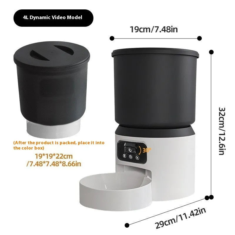 4-litre smart pet feeder with a smartphone showing remote control app and optional camera.