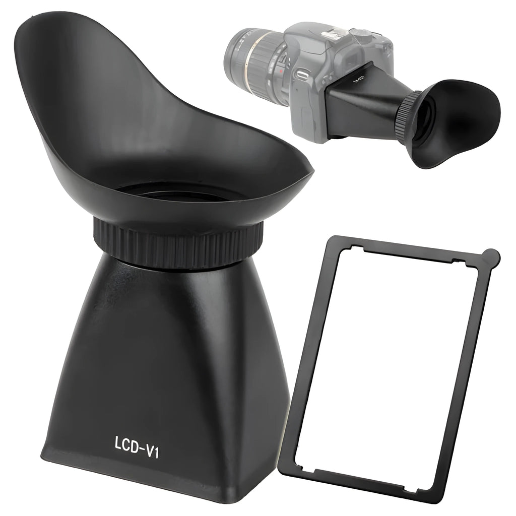 Black magnetic camera LCD viewfinder amplifier attached to a DSLR, showing 2.8x screen magnification.