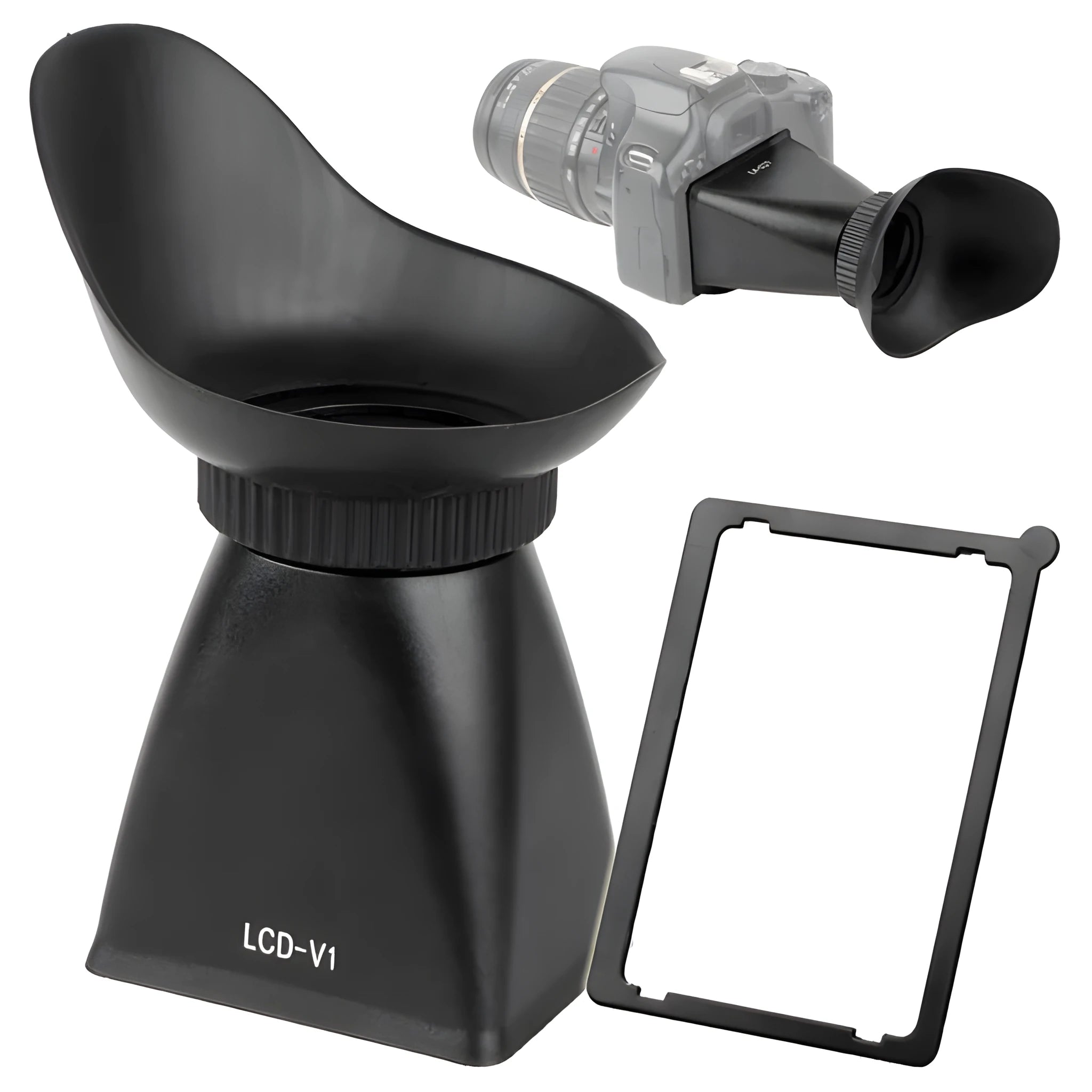 Black magnetic camera LCD viewfinder amplifier attached to a DSLR, showing 2.8x screen magnification.