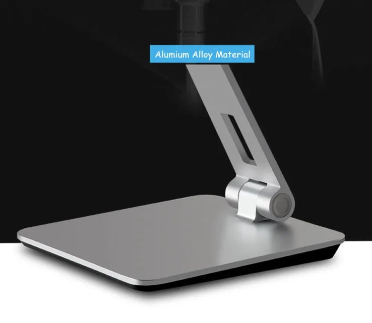 Foldable aluminium and ABS desktop stand holding a tablet at an angle.