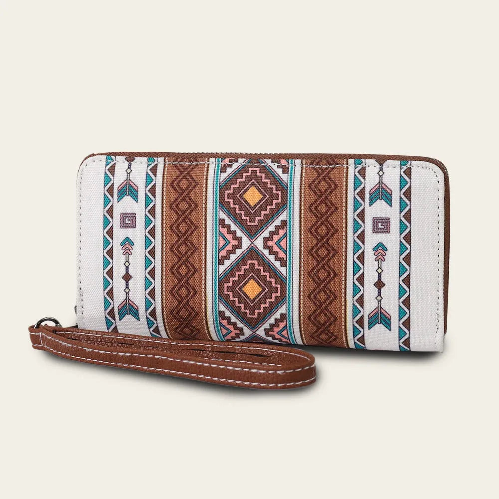Bohemian stripe pattern RFID wallet with canvas construction showing interior polyester lining