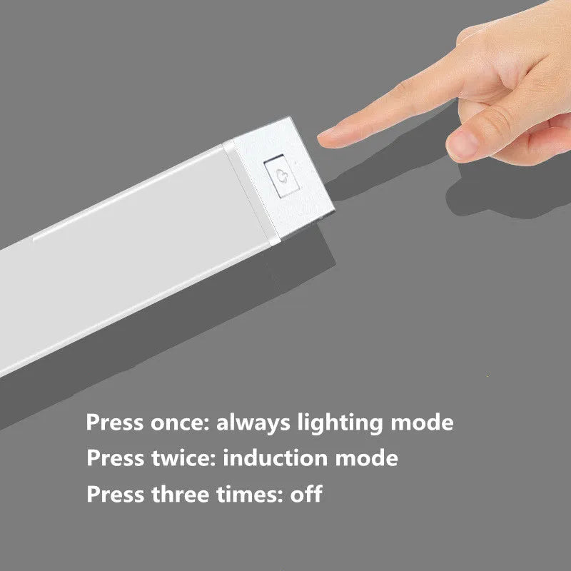 USB rechargeable magnetic LED closet light with motion sensor in aluminium shell.