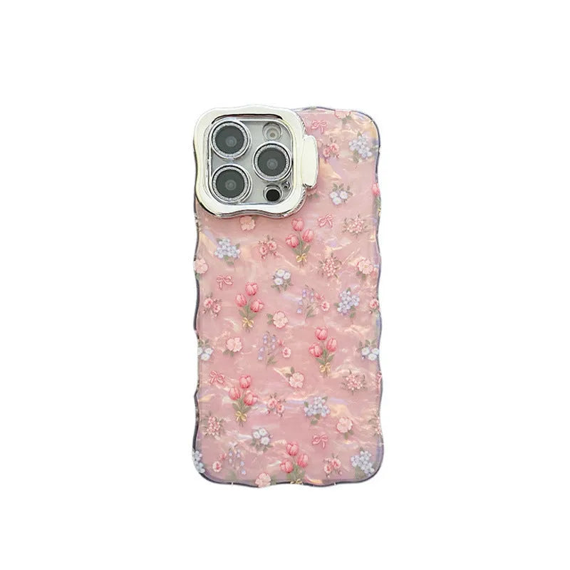 Wave white acrylic iPhone case with embossed floral shell pattern and invisible bracket on a plain background