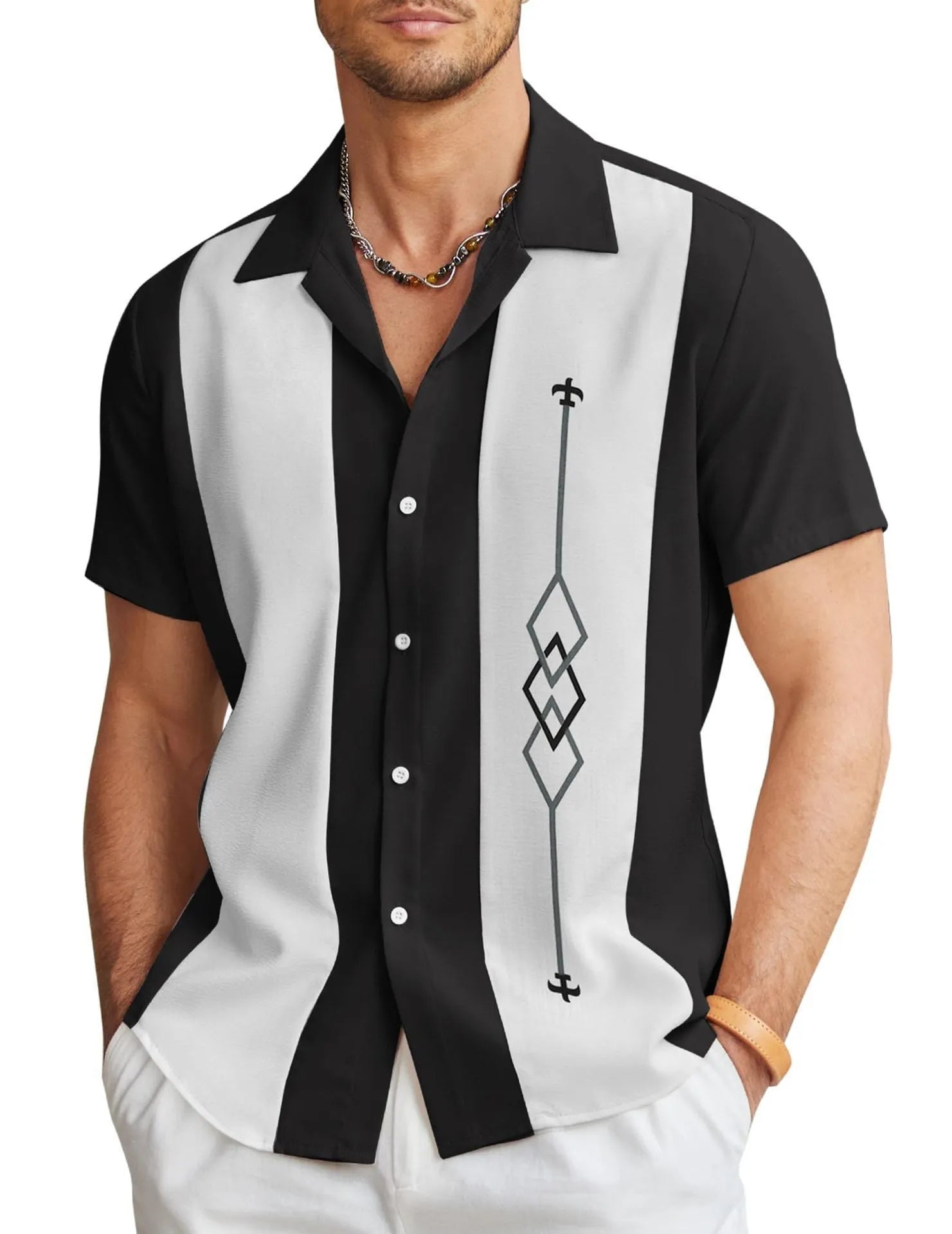 Men's slim fit Hawaiian short sleeve shirt in a digitally printed pattern.