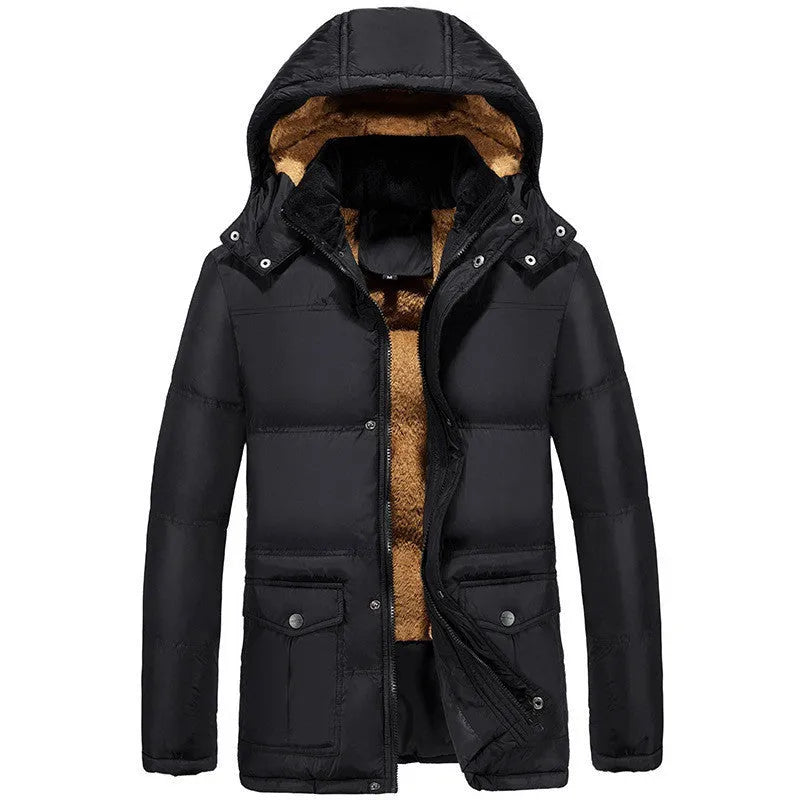Black men's loose velvet padded hooded jacket with double-breasted front.