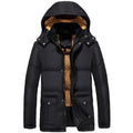 Black men's loose velvet padded hooded jacket with double-breasted front.