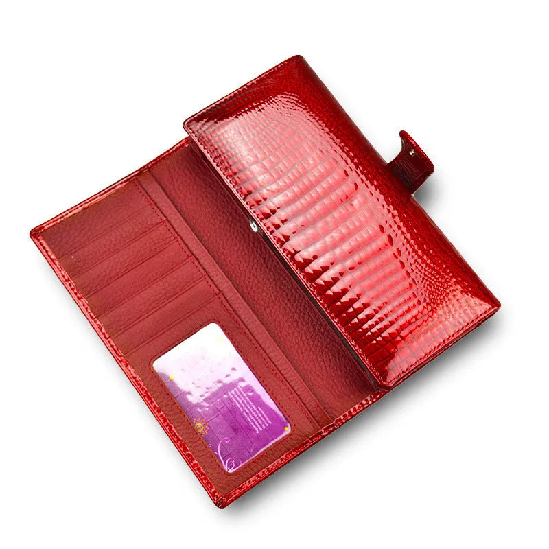 Women's patent leather coin purse with crocodile pattern in red, black, or wine red colours