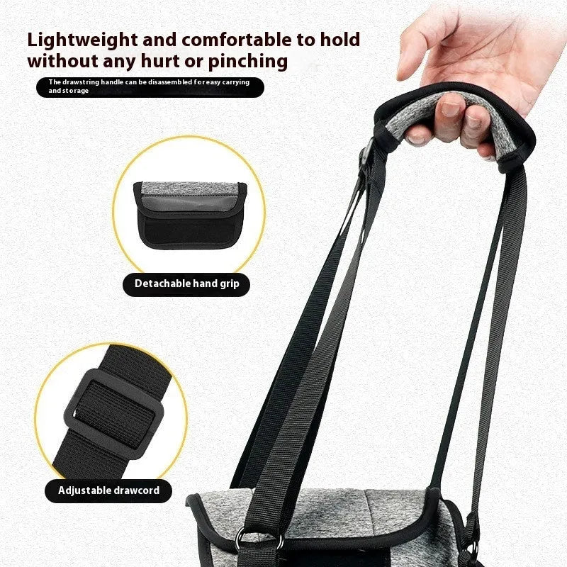 Grey neoprene dog rear leg recovery support belt with adjustable straps shown on size chart.