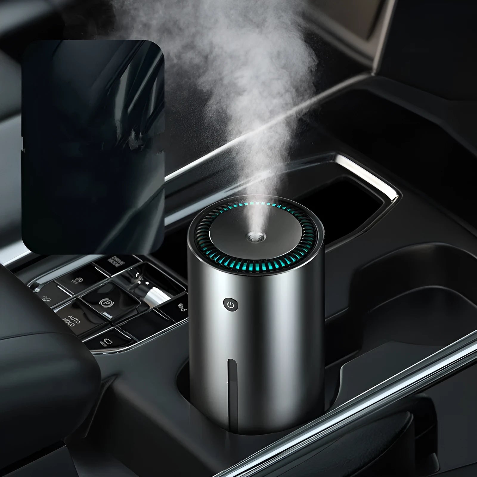 Black aluminium alloy car diffuser humidifier with USB connection for air purification and aromatherapy