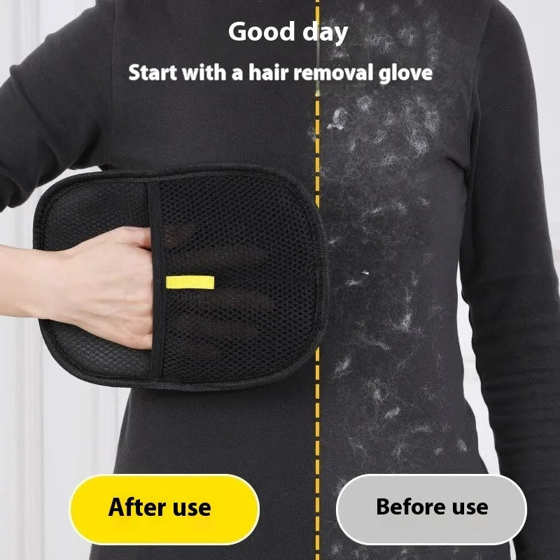 Black pet hair removal glove with silicone bristles, shown on a hand grooming a dog.
