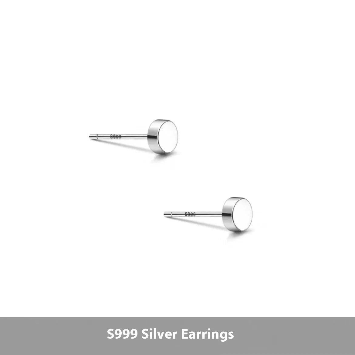 A pair of S999 sterling silver round flat stud earrings on a plain background, showing silver and black colour options.