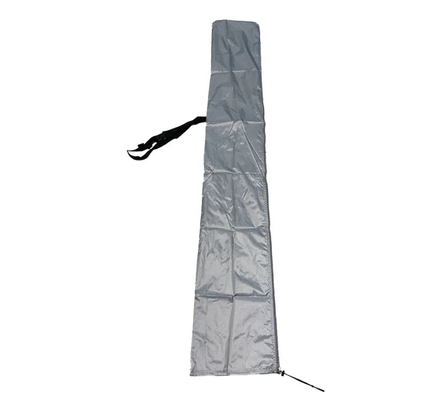 Grey waterproof offset banana-shaped umbrella cover made from Oxford cloth shown protecting outdoor furniture.
