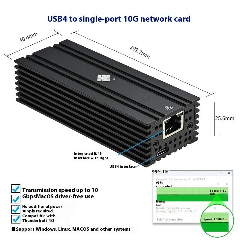 Black Leyu USB4 to 10 Gigabit Ethernet network adapter with RJ45 port and short cable.